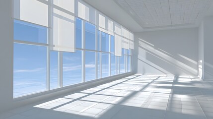 Fototapeta premium A bright, spacious interior room, bathed in natural light, features large windows showcasing a vast, clear blue sky with soft clouds.