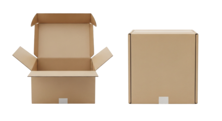 Open and Closed Brown Cardboard Shipping Box cutout isolated on transparent bg, png