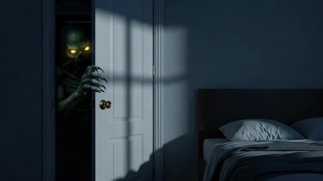 Dark bedroom scene with a scary monster lurking in closet, spooky sight. The scary monster evokes fear, anxiety and suspense, lurking in shadows.