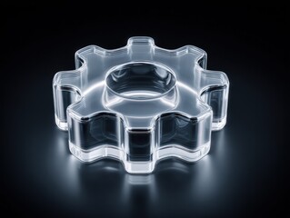 A transparent glass gear set against a sleek, dark, reflective backdrop.