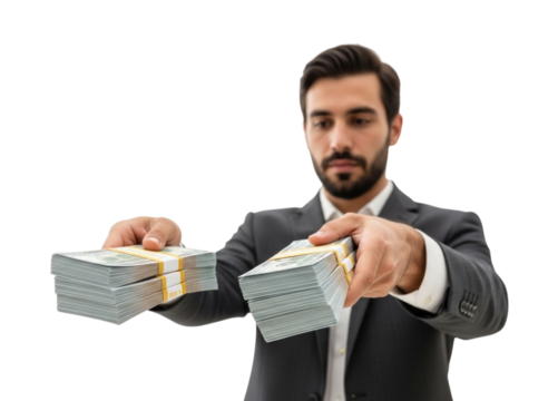 Business Man in a Suit Holding and Offering Stacks of Money cutout isolated on transparent bg, png