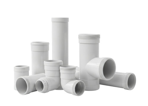 Group of White Plastic PVC Pipes and Fittings cutout isolated on transparent bg, png