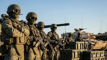 Military training exercise shows soldiers standing in formation, wearing combat gear and holding rifles. Military training exercise provides vital skills and readiness,