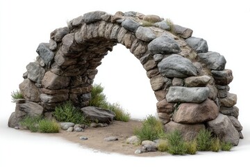 Rustic stone archway with vegetation on a white background