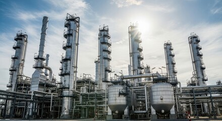 Large industrial plant with multiple towers and complex piping under a bright sunny sky