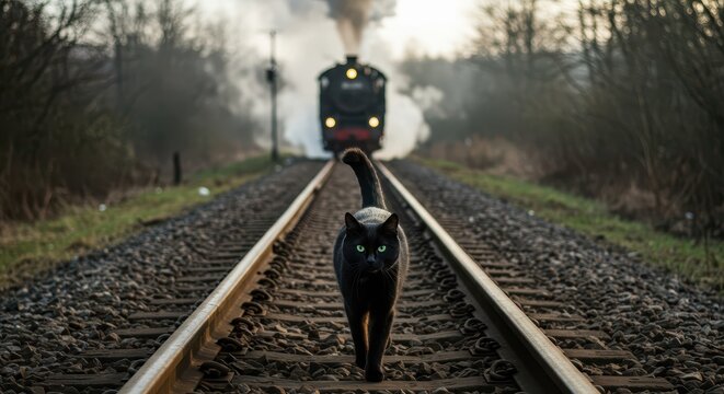 A black cat stands in the middle of train tracks, with a vintage steam train approaching in the background, creating a captivating and mysterious scene.
