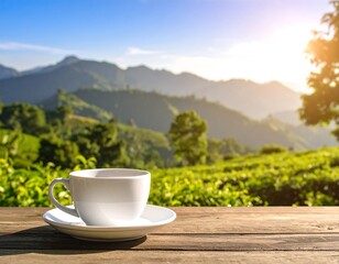 A cup of tea on a wooden table with a mountain view