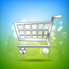 Metallic shopping cart on a spring backdrop