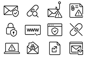 Anti-Phishing Icon Set. Outline icon set of anti-phishing protection: email shield, link scanner, phishing