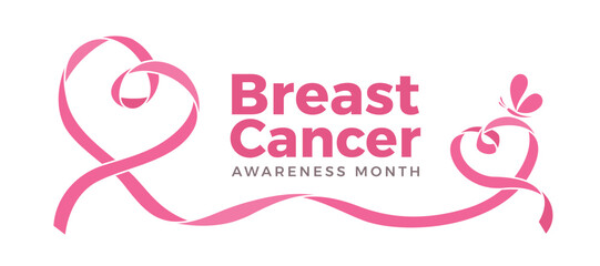Breast cancer awarenesee month - Text and long pink ribbon waving rolling heart to heart shape with butterfly vector design