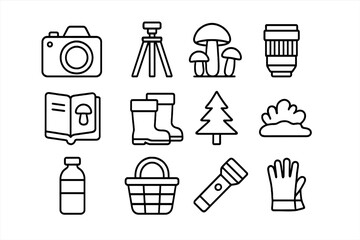 Mushroom Photography Icons. Outline icon set of mushroom photography in forest: camera, tripod, mushroom