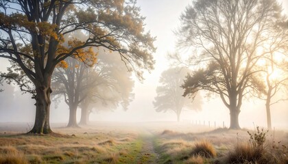 Tranquil foggy morning in australian bush with soft light creating a serene atmosphere