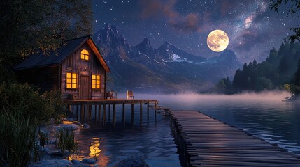 A wooden cabin with a dock on a misty lake at night, with a full moon and stars in the sky.