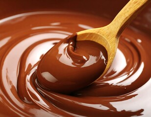 Melted chocolate swirls in a bowl with a wooden spoon