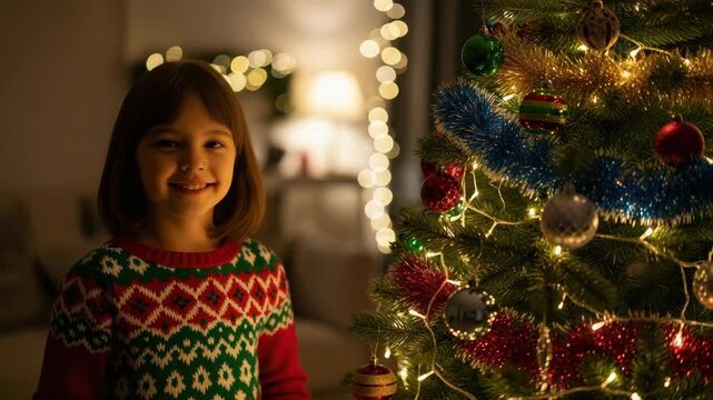 Girl with Christmas tree ornament stands near twinkling festive decorations. Girl with Christmas tree ornament is celebrating in cozy indoor setting, enjoying holiday spirit and traditions.