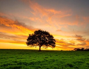 Obraz premium Silhouette of a tree in a field at sunset against a vibrant green background with warm colors