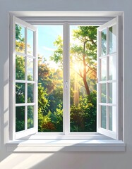 Obraz premium A brightly lit window reveals a verdant forest scene at sunrise, showcasing a peaceful and serene ambiance.