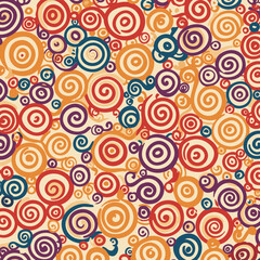 Fototapeta premium Abstract colorful pattern with circles and spirals in various shades of red, orange, yellow, purple, and blue on a beige background.