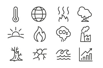 Climate Change Icons. Outline icon set of global temperature rise: thermometer, globe, heat waves, melting ice