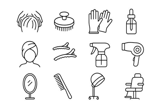 Scalp Treatment Icons. Outline icon set of Professional scalp treatment session: stylist hands, scalp brush,