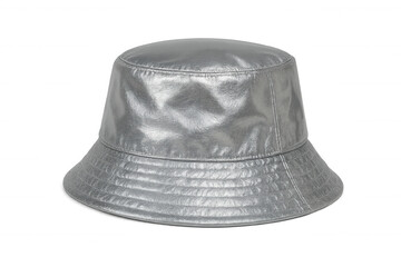 Silver bucket hat gleaming with metallic finish, providing contemporary fashion accessory against clean transparent backdrop