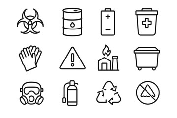 Hazardous Waste Icons. Outline icon set of hazardous waste management: biohazard symbol, chemical barrel,