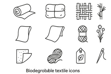 Biodegradable Textiles Icons. Outline icon set of biodegradable textiles: hemp fabric roll, organic cotton