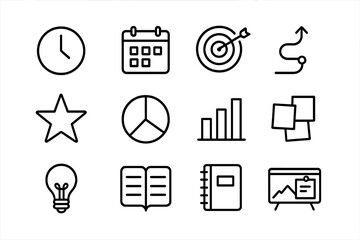 Future Planning Icons. Outline icon set of future planning: clock, calendar, target icon, arrow path, star,