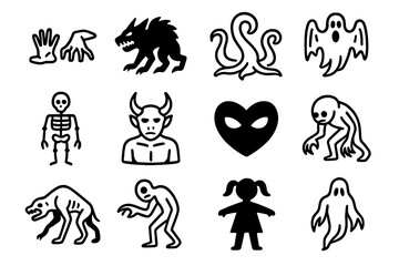 Eldritch Minion Icons. Outline icon set of eldritch horror minions: crawling hands, shadow beasts, tentacle