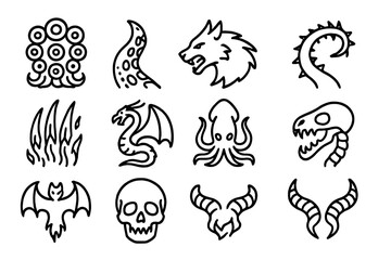 Obraz premium Eldritch Beasts Icons. Outline icon set of eldritch beasts: multi-eyed monster, scaly tentacle, shadow wolf,