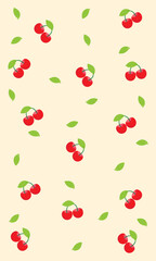 Seamless pattern with red cherry fruit with green leaves on color background vector.