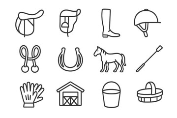 Horseback Riding Icons. Outline icon set of horseback riding: saddle, bridle, riding boots, helmet, reins,