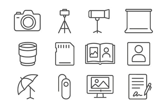 Custom Photo Session Icons. Outline icon set of personalized and custom photo sessions for clients: camera,