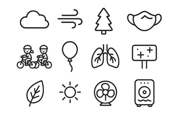 Children Air Quality Icons. Outline icon set of children air quality awareness: cloud, wind, tree, face mask,