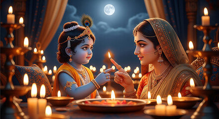 Baby Krishna and woman with oil lamps and full moon