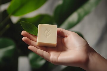 gentle hand presenting eco soap bar with green leaf beside, spa-style composition 
