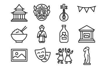 Cultural Icons Grid. Outline icon set of cultural travel guides: temple, mask, musical instrument, festival
