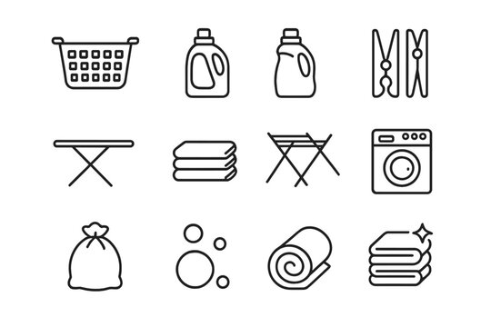 Laundry Icon Set. Outline icon set of laundry basket storage: laundry basket, detergent bottle, fabric