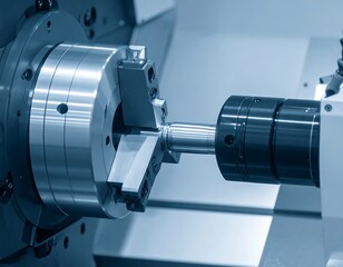 Metalworking machine in operation. Close-up view of a lathe