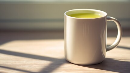 A light-filled scene showcasing a ceramic mug of pale green tea on a light wooden surface.