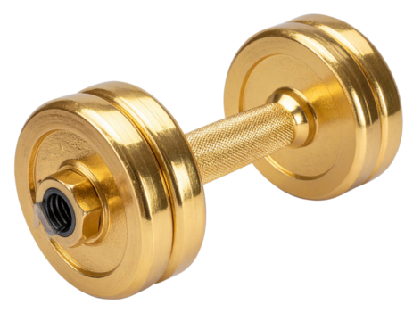 A single golden dumbbell shown from the front, metallic shine and smooth reflections  708915