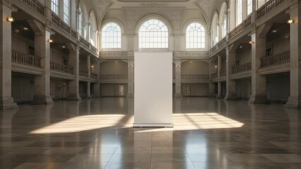 Blank white roll-up banner mockup standing in a grand, empty hall with classic architecture and sunlit marble floor.