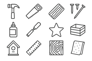 DIY Craft Icons. Outline icon set of DIY wooden crafts: hammer, saw, plank, nails, wood glue, chisel, star,