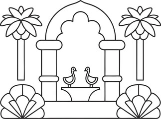 Indian architecture line art illustration outline drawing of a mughal arch with palm trees and a fountain with two birds