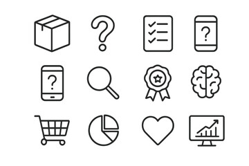 Fototapeta premium Product Quiz Icon Set. Outline icon set of product quizzes: product box, question mark, checklist, clipboard,