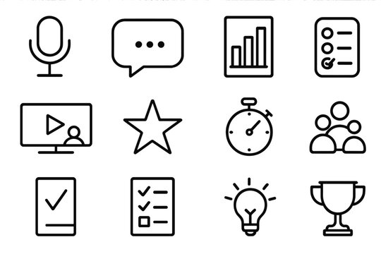 Webinar Tools Icons. Outline icon set of webinar engagement tools: microphone, chat bubble, poll chart, quiz