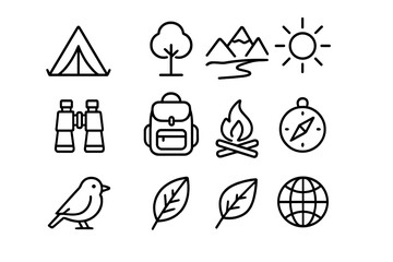 Eco-Tourism Icon Set. Outline icon set of eco-tourism volunteering: tent, tree, mountain, river, sun,