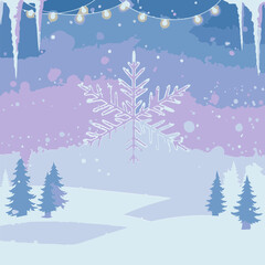 Winter wonderland scene with snowflake graphic in snowy landscape. Detailed snowflake illustration with wintery landscape background.