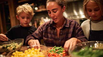 A woman and two children prepare food in a cozy kitchen. The woman is sorting vegetables while the children assist. The scene conveys family cooking together.