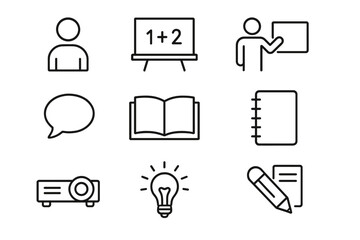 Academic Workshop Icons. Outline icon set of academic workshops: student, chalkboard, teacher, speech bubble,